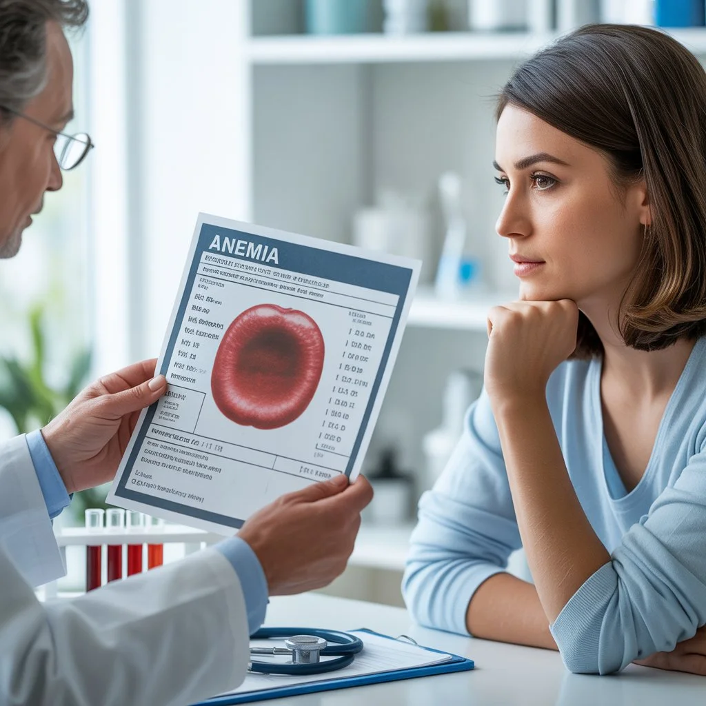 Doctor explaining an anemia blood test report to a woman, showing red blood cell levels in a clinical consultation setting.