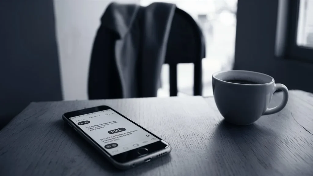 Smartphone on a table showing a text message with “BBL,” visually explaining what does BBL mean in texting in a real-life chat setting.