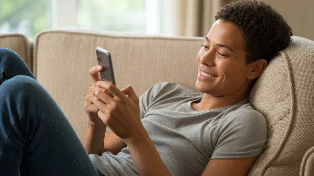 Young adult relaxing on a couch, smiling while reading a message on their smartphone, illustrating what does boi mean in modern slang usage.