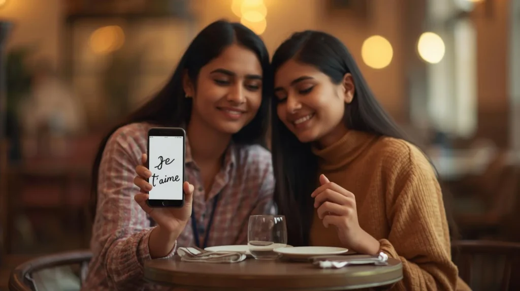 Two women sitting in a café smiling while showing a phone screen that reads “Je t’aime,” illustrating what does je t’aime mean in real-life conversation.