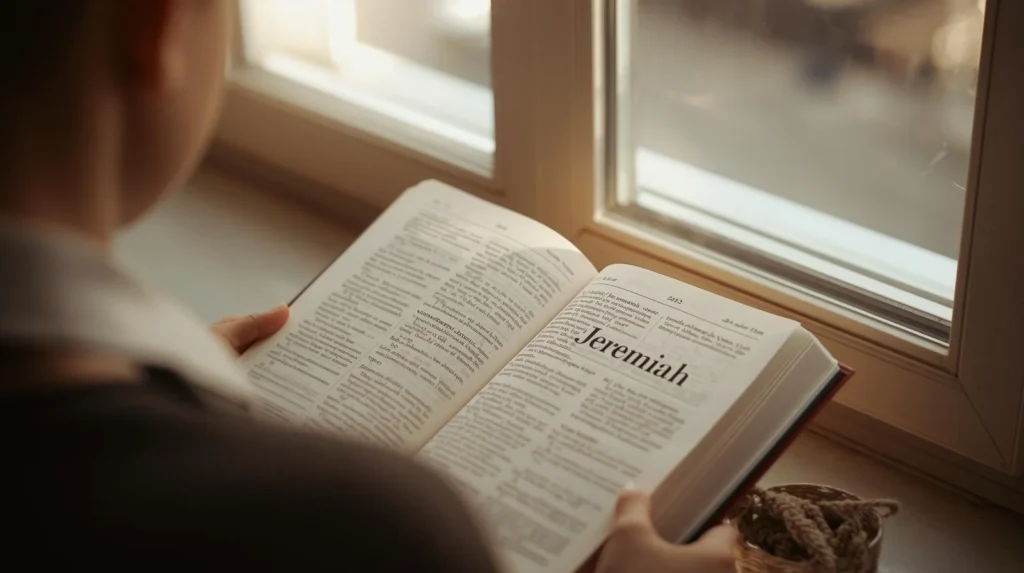 A person reading a book by a window with the name highlighted, visually explaining what does Jeremiah mean and its historical significance.