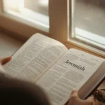 A person reading a book by a window with the name highlighted, visually explaining what does Jeremiah mean and its historical significance.