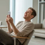 A man laughing with amused confusion while looking at his phone, reacting to something funny or absurd, reflecting playful internet humor.