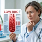Doctor holding a blood test report labeled “Low RBC,” showing red blood cells in a test tube while looking concerned in a clinical setting.