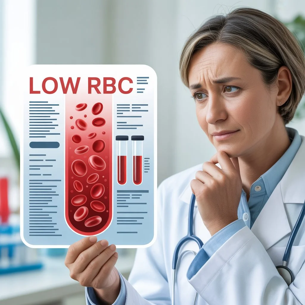 Doctor holding a blood test report labeled “Low RBC,” showing red blood cells in a test tube while looking concerned in a clinical setting.