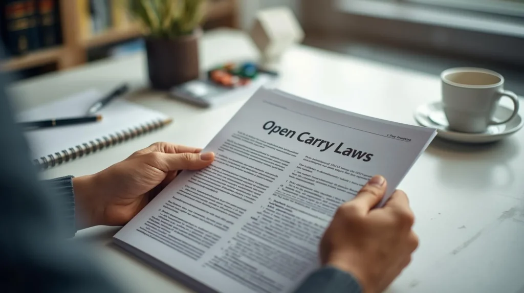 Person reading a printed legal document titled “Open Carry Laws,” visually explaining what does open carry mean in a clear, educational context.