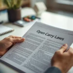 Person reading a printed legal document titled “Open Carry Laws,” visually explaining what does open carry mean in a clear, educational context.