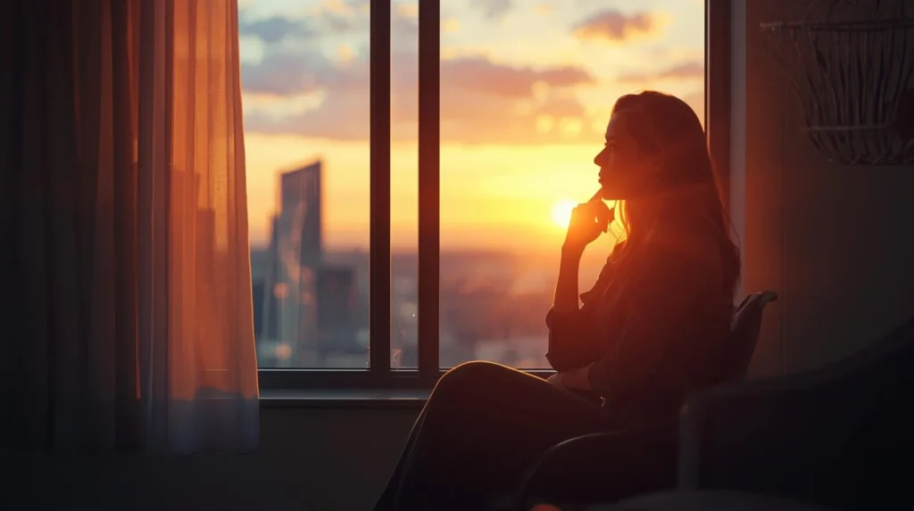 What does retrospect mean – a thoughtful woman looking out a window at sunset, reflecting on past experiences and personal insight