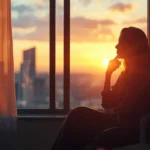 What does retrospect mean – a thoughtful woman looking out a window at sunset, reflecting on past experiences and personal insight