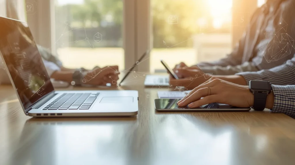 What does technology mean illustrated by people using laptops, tablets, and smartphones together in a modern workspace with digital connection elements.
