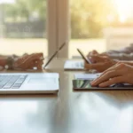What does technology mean illustrated by people using laptops, tablets, and smartphones together in a modern workspace with digital connection elements.
