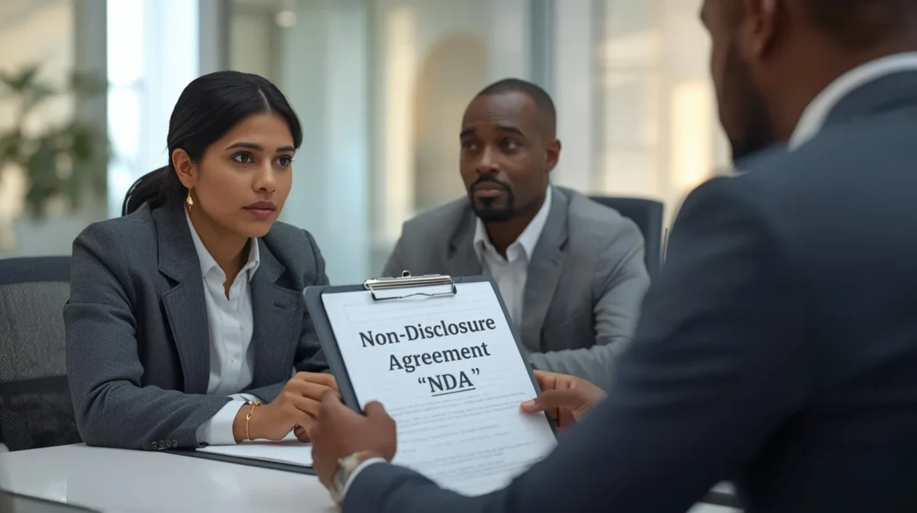 Business professionals reviewing a document labeled “Non-Disclosure Agreement (NDA),” clearly explaining what NDA mean in a professional meeting setting.