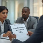 Business professionals reviewing a document labeled “Non-Disclosure Agreement (NDA),” clearly explaining what NDA mean in a professional meeting setting.