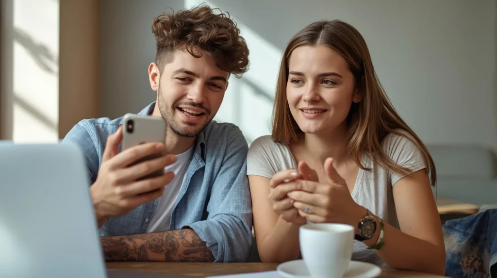 Two young adults sitting at a table with a laptop and coffee, smiling while looking at a smartphone together, appearing to read and react to a text conversation.