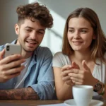 Two young adults sitting at a table with a laptop and coffee, smiling while looking at a smartphone together, appearing to read and react to a text conversation.
