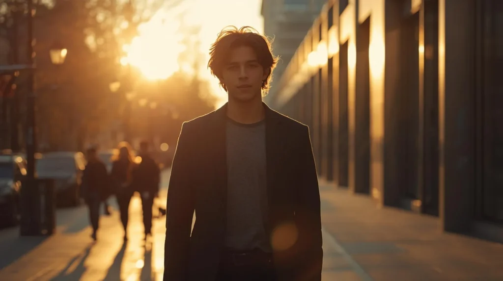 Confident young man walking down a city street at sunset, warm golden light highlighting his calm presence and strong personal aura