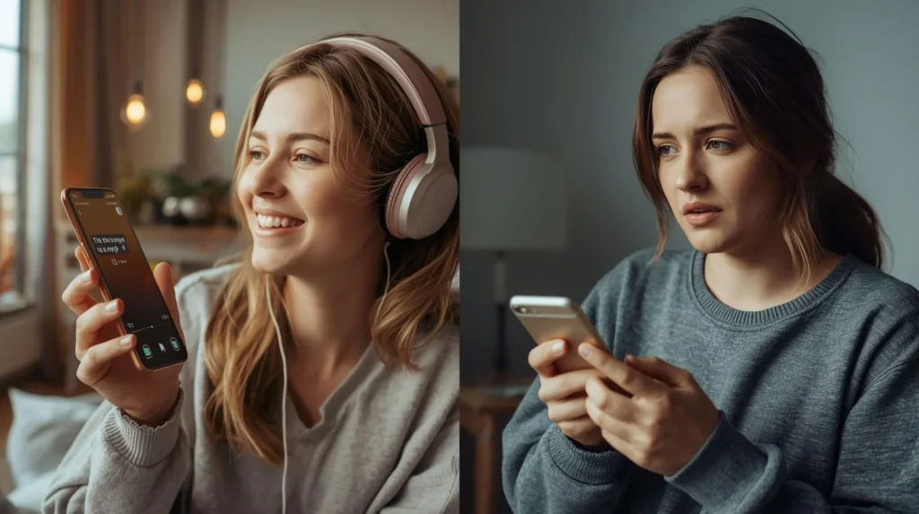 Split image showing two young women using smartphones: on the left, a smiling woman with headphones enjoying music labeled “It’s a bop,” and on the right, a concerned woman reading a message about someone being called a “bop,” highlighting the word’s dual slang meanings.