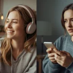 Split image showing two young women using smartphones: on the left, a smiling woman with headphones enjoying music labeled “It’s a bop,” and on the right, a concerned woman reading a message about someone being called a “bop,” highlighting the word’s dual slang meanings.