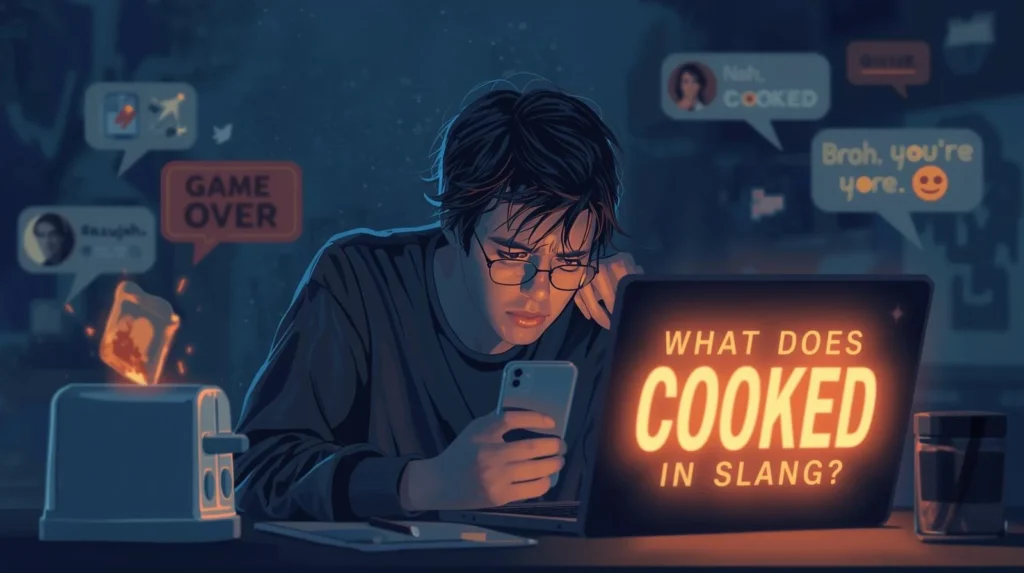 Young man looking stressed while checking his phone at night, laptop screen glowing with the text “What Does Cooked Mean in Slang?”, with a burnt toast in a toaster and “Game Over” message symbolizing the slang meaning of being in trouble or overwhelmed.
