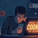 Young man looking stressed while checking his phone at night, laptop screen glowing with the text “What Does Cooked Mean in Slang?”, with a burnt toast in a toaster and “Game Over” message symbolizing the slang meaning of being in trouble or overwhelmed.