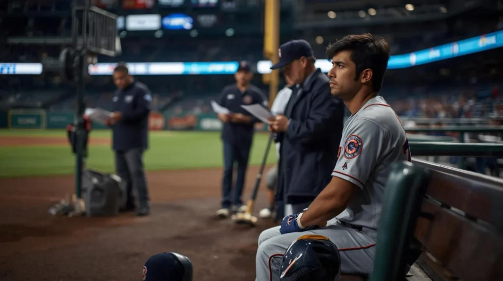 Professional baseball player sitting alone on a dugout bench during a game, looking thoughtful while team staff review paperwork in the background, illustrating designated for assignment in baseball.