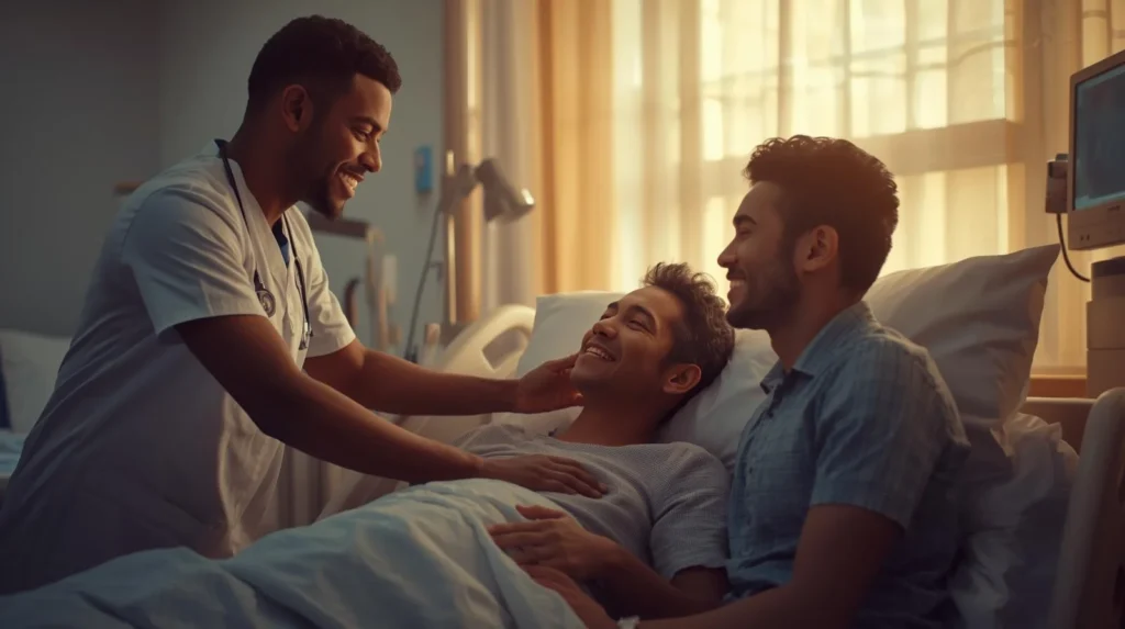 Compassionate healthcare professional comforting a smiling patient in bed with family support, illustrating that palliative care does not mean death but focuses on comfort and quality of life