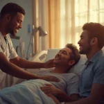 Compassionate healthcare professional comforting a smiling patient in bed with family support, illustrating that palliative care does not mean death but focuses on comfort and quality of life