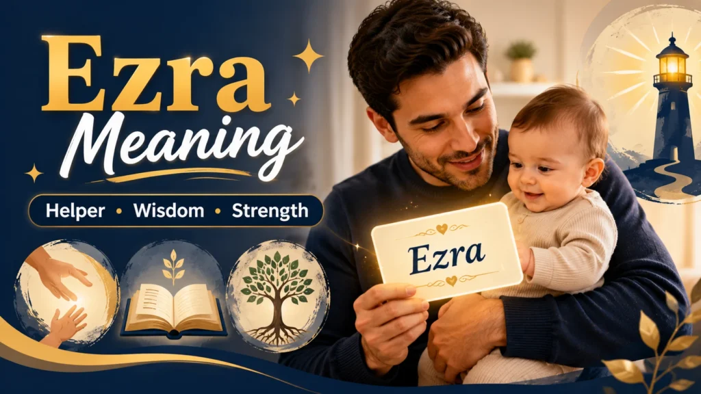 Featured image for "What Does Ezra Mean?" showing a young father holding a smiling baby while looking at a glowing card labeled "Ezra." The design includes symbols of helping hands, wisdom represented by an open book, a growing tree for strength and growth, and a guiding lighthouse. Text reads "Ezra Meaning" and "Helper • Wisdom • Strength" in a warm gold and navy blue digital illustration style.