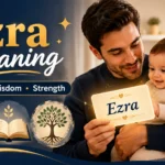 Featured image for "What Does Ezra Mean?" showing a young father holding a smiling baby while looking at a glowing card labeled "Ezra." The design includes symbols of helping hands, wisdom represented by an open book, a growing tree for strength and growth, and a guiding lighthouse. Text reads "Ezra Meaning" and "Helper • Wisdom • Strength" in a warm gold and navy blue digital illustration style.
