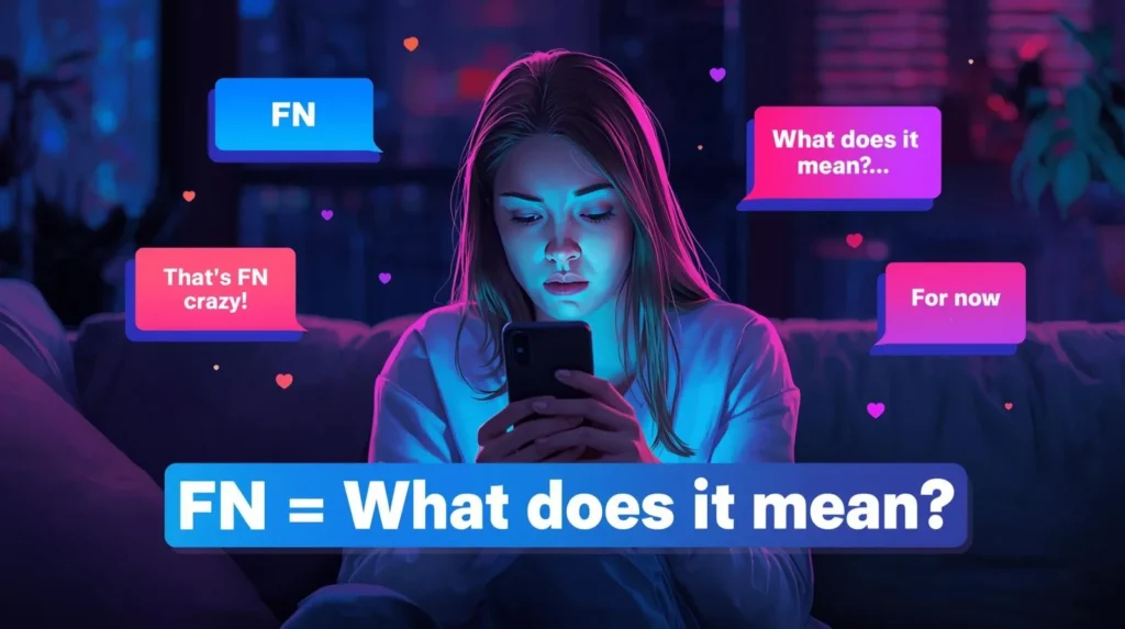 Young woman using her smartphone at night with neon lighting, surrounded by chat bubbles showing “FN,” “That’s FN crazy,” “For now,” and “What does it mean,” illustrating the meaning of FN in text slang.