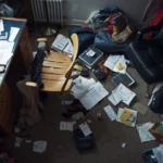 Messy home office in a helter-skelter state, with scattered papers on the floor, cluttered desk, overturned chair, and belongings spread chaotically, showing disorder and rush