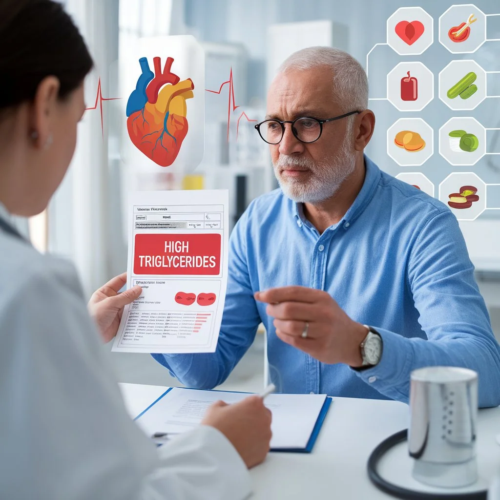 Doctor explaining high triglycerides blood test results to an older man during a medical consultation, with heart health and diet icons in the background.