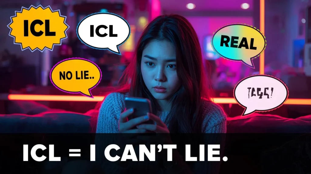 Young woman looking at her phone with speech bubbles showing “ICL,” “no lie,” and “real,” alongside bold text reading “ICL = I can’t lie,” illustrating the slang meaning in texting.