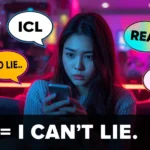 Young woman looking at her phone with speech bubbles showing “ICL,” “no lie,” and “real,” alongside bold text reading “ICL = I can’t lie,” illustrating the slang meaning in texting.