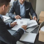 Two business professionals reviewing documents labeled “Asset Sale” and “Company Liquidation” at an office desk, illustrating the meaning of liquidating a business or assets.
