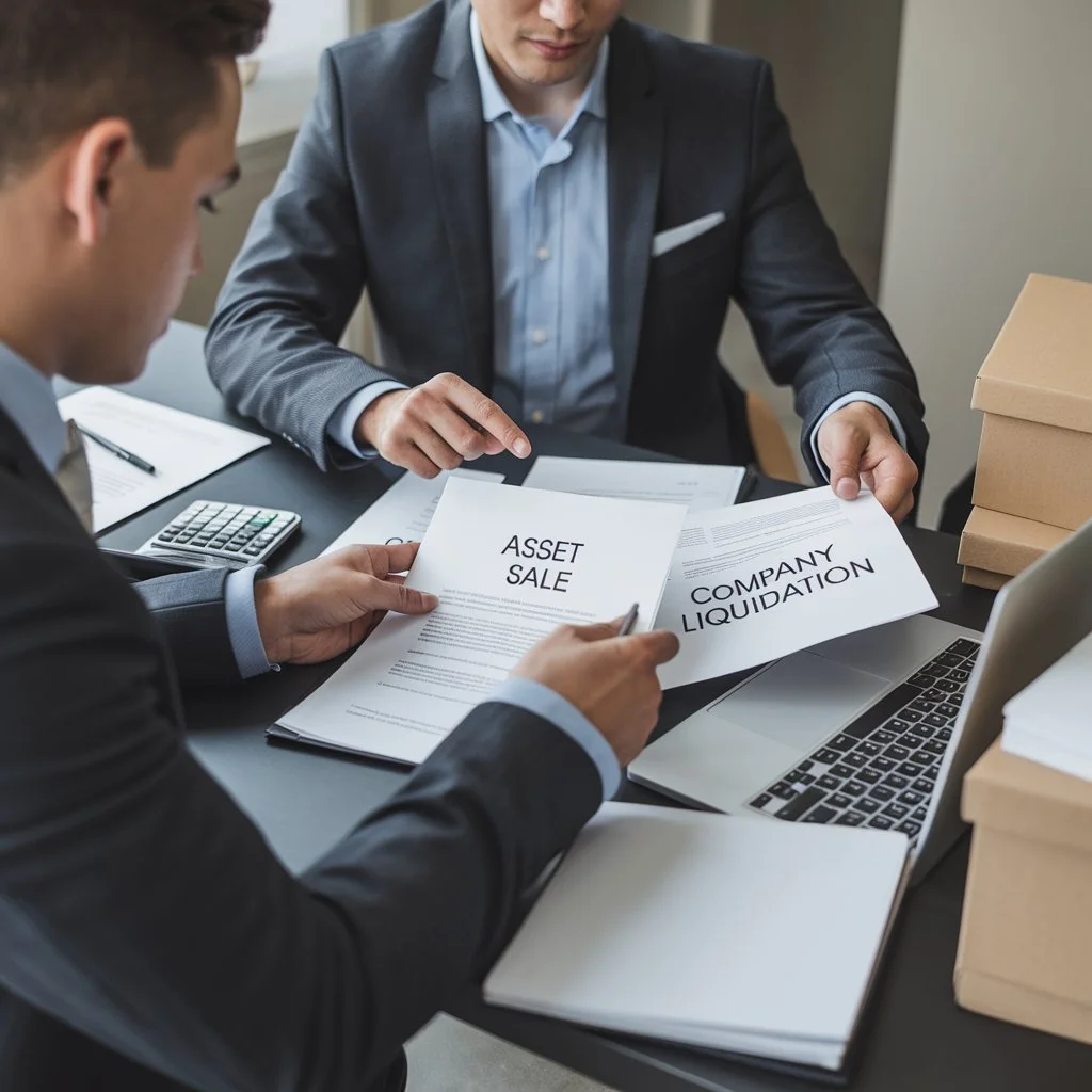 Two business professionals reviewing documents labeled “Asset Sale” and “Company Liquidation” at an office desk, illustrating the meaning of liquidating a business or assets.