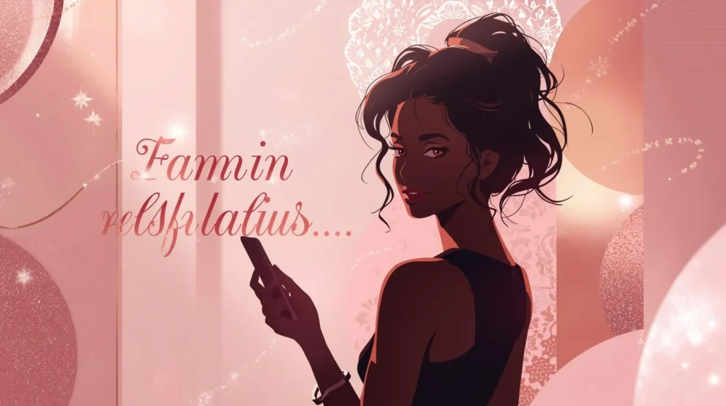 Stylish illustrated woman holding a smartphone against a soft pink aesthetic background, representing a confident and modern mean girls wallpaper vibe.