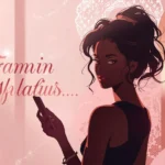 Stylish illustrated woman holding a smartphone against a soft pink aesthetic background, representing a confident and modern mean girls wallpaper vibe.