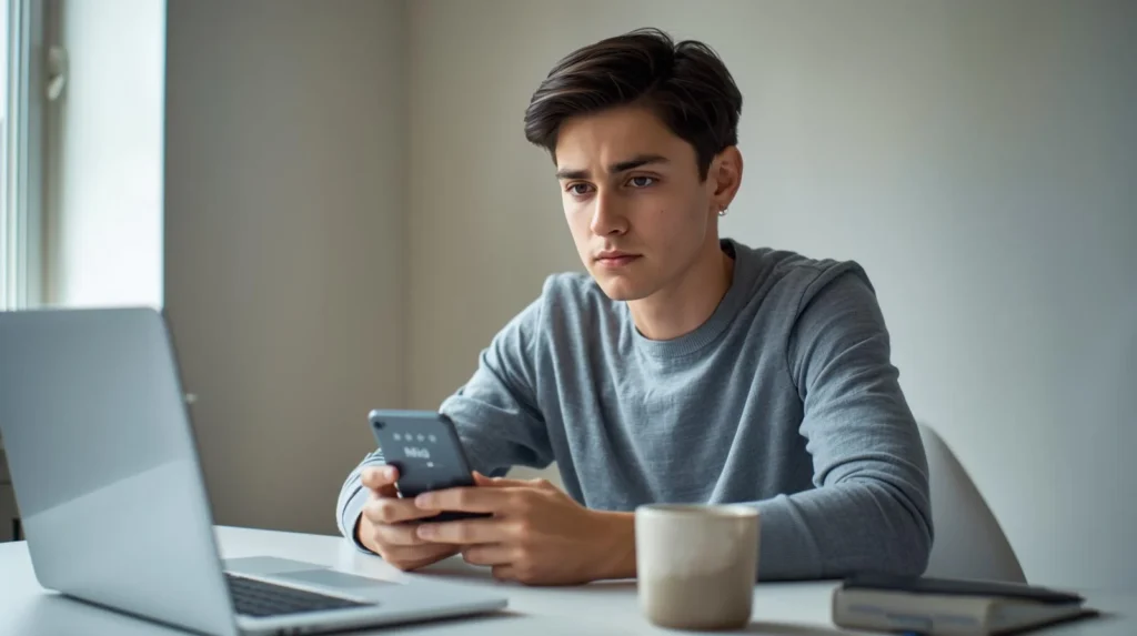 A young person sitting at a desk with a laptop and a coffee mug, looking serious while holding and checking a smartphone in a softly lit room.