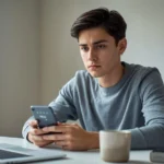 A young person sitting at a desk with a laptop and a coffee mug, looking serious while holding and checking a smartphone in a softly lit room.