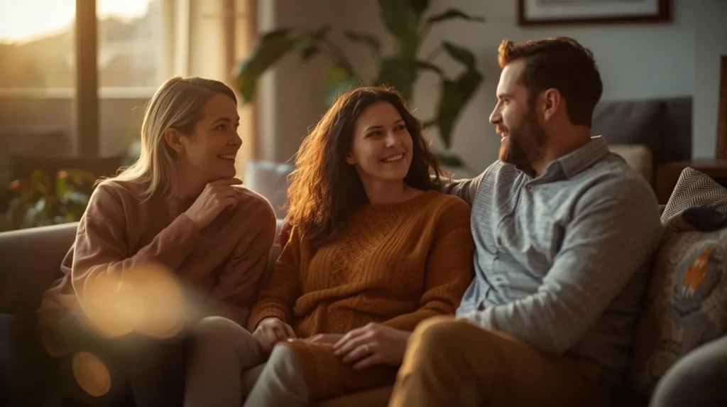 Three adults sitting together on a couch in warm natural light, smiling and talking openly, illustrating what does non monogamous mean through respectful and consensual connection