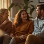 Three adults sitting together on a couch in warm natural light, smiling and talking openly, illustrating what does non monogamous mean through respectful and consensual connection