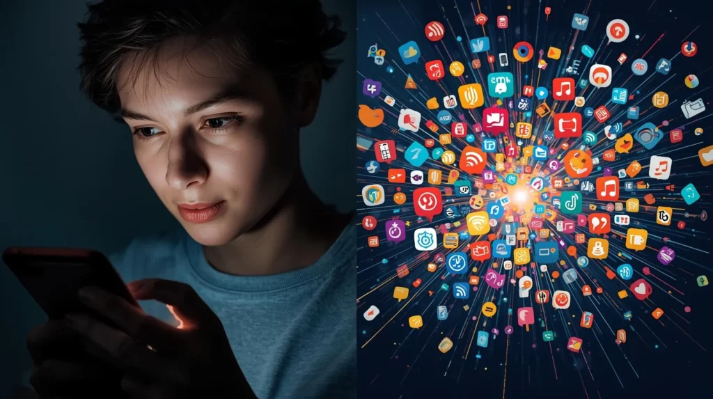 Split-screen image of a person using a smartphone at night on one side, and a burst of colorful app, music, and media icons on the other, symbolizing “PMO” as asking for recommendations online