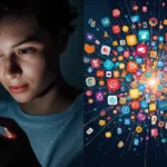 Split-screen image of a person using a smartphone at night on one side, and a burst of colorful app, music, and media icons on the other, symbolizing “PMO” as asking for recommendations online