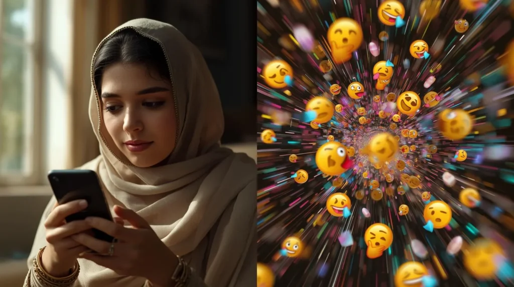 Young woman wearing a headscarf using her smartphone, with a split scene showing chaotic swirling emojis representing confusing and viral internet slang (“skibidi”)**