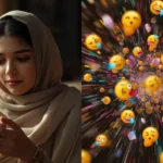 Young woman wearing a headscarf using her smartphone, with a split scene showing chaotic swirling emojis representing confusing and viral internet slang (“skibidi”)**