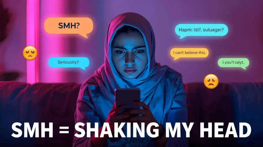 A young woman sitting on a couch at night, looking frustrated while reading her phone, surrounded by colorful chat bubbles with messages like “SMH?”, “Seriously?”, and “I can’t believe this,” with bold text overlay reading “SMH = Shaking My Head.”