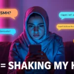 A young woman sitting on a couch at night, looking frustrated while reading her phone, surrounded by colorful chat bubbles with messages like “SMH?”, “Seriously?”, and “I can’t believe this,” with bold text overlay reading “SMH = Shaking My Head.”