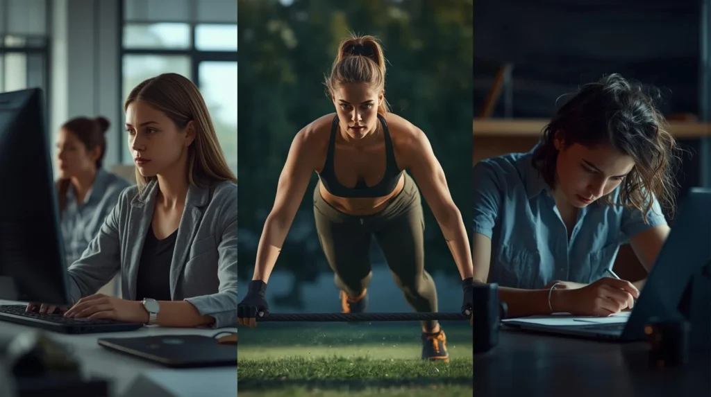 Three-panel realistic image showing survival of the fittest in modern life: a focused office professional working at a computer, an athlete training intensely outdoors, and a student studying late, symbolizing adaptability, effort, and resilience.