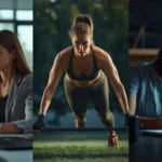 Three-panel realistic image showing survival of the fittest in modern life: a focused office professional working at a computer, an athlete training intensely outdoors, and a student studying late, symbolizing adaptability, effort, and resilience.